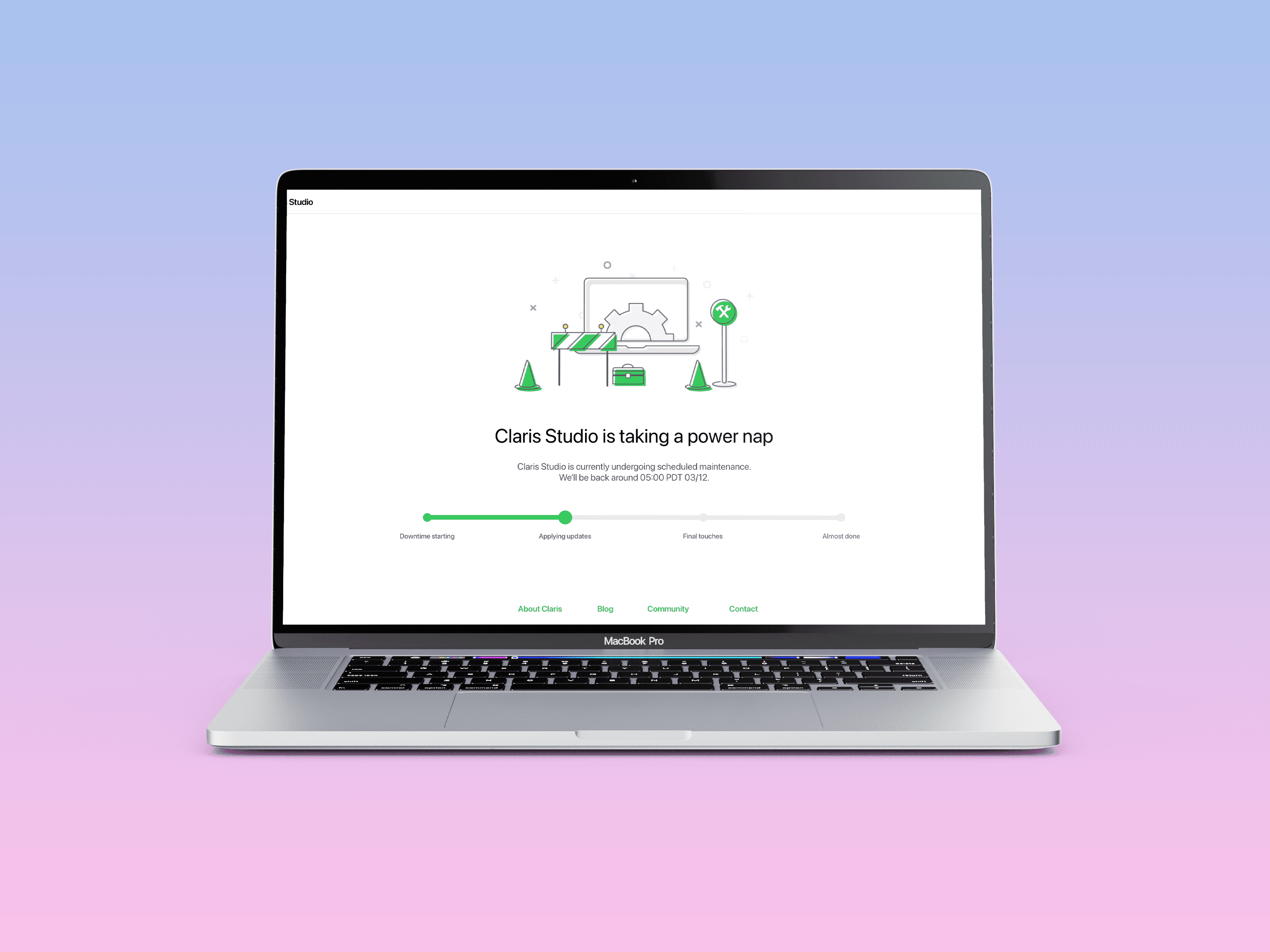 screenshot of Claris Studio's downtime page